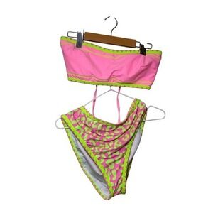 Neon Pink Green Leopard High Waist Bikini Set Strapless Bandeau Lace Up Swimsuit